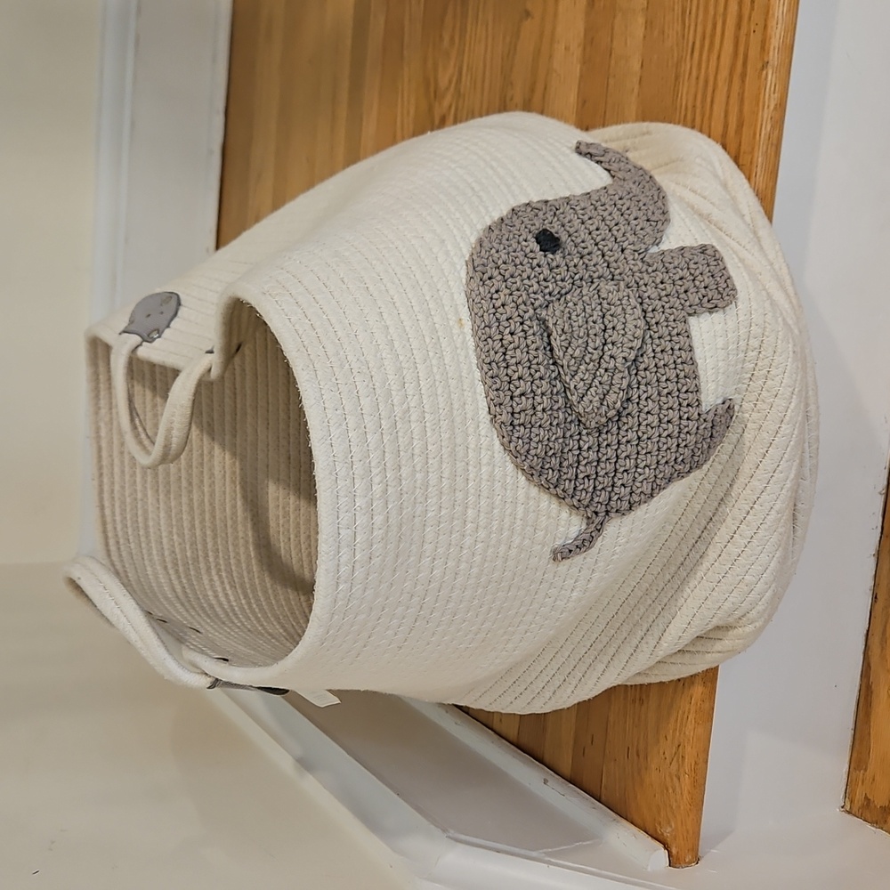 White Woven Hamper with Elephant Design